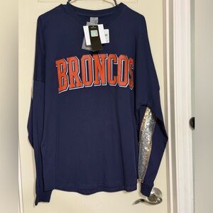 NWT NFL Women’s Oversized Small Broncos Long Sleeve Top Sequined Back